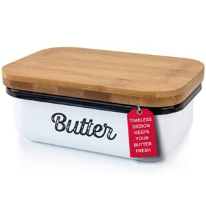granrosi ceramic butter dish with lid for countertop, butter keeper, butter holder, butter container for fridge, butter dishes, covered butter dish - farmhouse butter dish with wooden lid - white