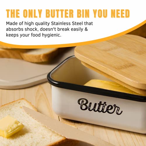 Granrosi Ceramic Butter Dish with Lid for Countertop, Butter Keeper, Butter Holder, Butter Container for Fridge, Butter Dishes, Covered Butter Dish - Farmhouse Butter Dish with Wooden Lid - White