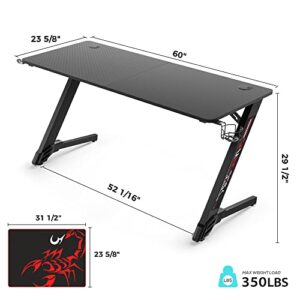 It's_Organized Gaming Desk, 60 Inch Z Shaped Carbon Fiber Surface Desktop PC Computer Gaming Table Gamer Workstation with Free Mouse Pad Cup Holder Headphone Hook Handle Rack, Black