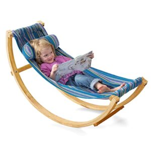 hearthsong lightweight rocking floor hammock, 50”l x 14”w blue-striped cotton indoor hammock, 95 lbs. ages 3 to 9