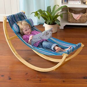 Hearthsong Lightweight Rocking Floor Hammock, 50”L x 14”W Blue-Striped Cotton Indoor Hammock, 95 lbs. Ages 3 to 9