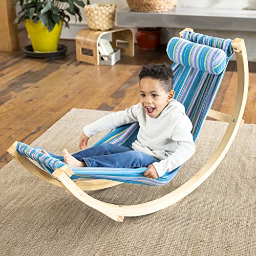 Hearthsong Lightweight Rocking Floor Hammock, 50”L x 14”W Blue-Striped Cotton Indoor Hammock, 95 lbs. Ages 3 to 9