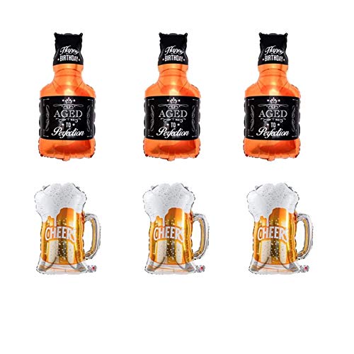 6 Pcs Party Foil Balloons Whiskey Bottle Beer Mug Foil Balloons 34 inch Helium Balloons for Birthday Bridal Shower Bachelorette New Years Eve Festival Celebrations Party Supplies