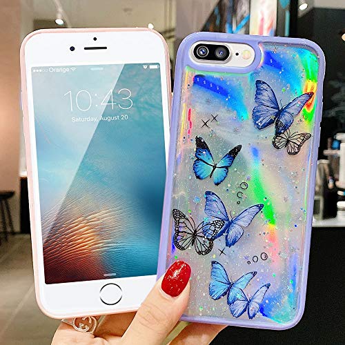 LCHULLE Girly Case for iPhone SE 2022/3rd Case iPhone SE 2020/2nd iPhone 7 iPhone 8 Case Cute Iridescent Butterfly Design Laser Bling Glitter Girls Women Soft TPU Bumper Drop Protection Cover, Purple