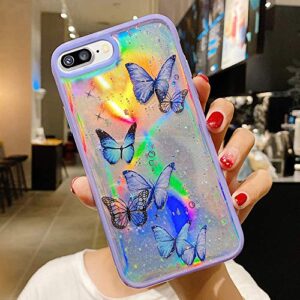 LCHULLE Girly Case for iPhone SE 2022/3rd Case iPhone SE 2020/2nd iPhone 7 iPhone 8 Case Cute Iridescent Butterfly Design Laser Bling Glitter Girls Women Soft TPU Bumper Drop Protection Cover, Purple