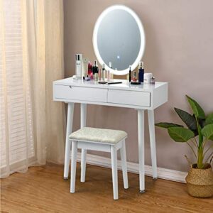 charmaid vanity set with lighted mirror, 3 modes adjustable brightness mirror, makeup dressing table with cushioned stool, 2 sliding drawers with divider, modern bedroom vanity for girls women (white)