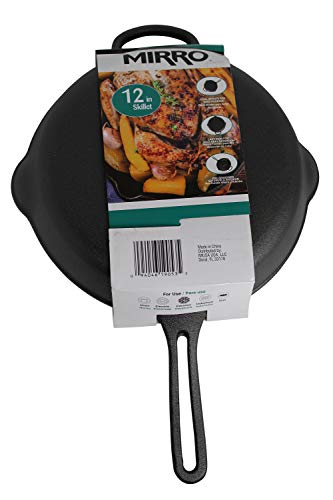 Mirro MIR-19053 12" Pre-Seasoned Ready to Use Round Cast Iron Skillet with Helper Handle, Black