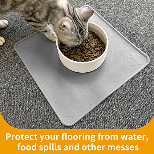 Ptlom Pet Placemat for Dog and Cat, Waterproof Non-Slip Bowl Mat Prevent Food and Water Overflow, Puppy Dish Feeding Mats Suitable for Medium and Small Pet, Silicone (13" *13", Grey)