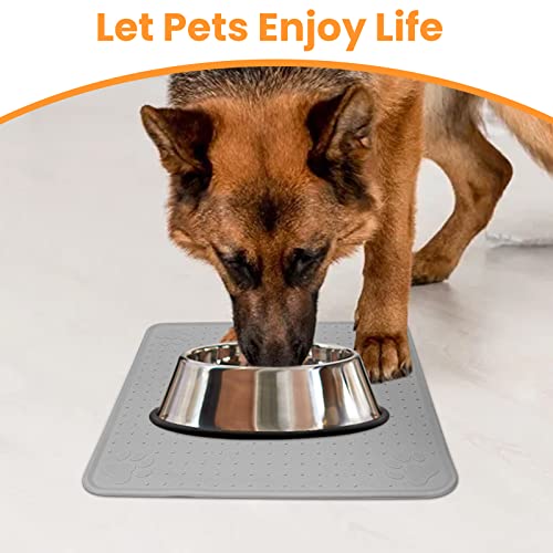Ptlom Pet Placemat for Dog and Cat, Waterproof Non-Slip Bowl Mat Prevent Food and Water Overflow, Puppy Dish Feeding Mats Suitable for Medium and Small Pet, Silicone (13" *13", Grey)