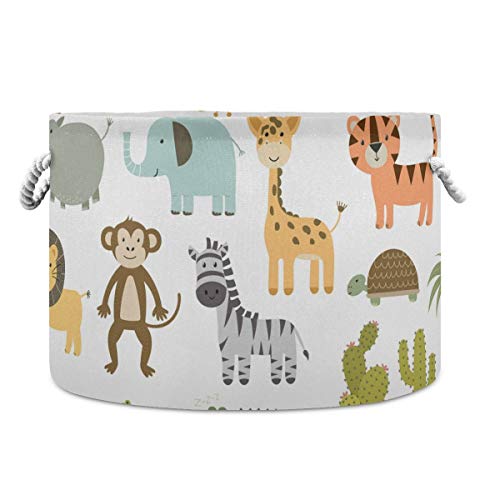 AJINGA Collapsible Round Storage Basket Fabric Toy Chest Organizer, Cute Safari Animals Giraffe Lion Hippo Crocodile Laundry Basket with Drawstrings for Kids