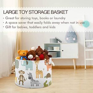 AJINGA Collapsible Round Storage Basket Fabric Toy Chest Organizer, Cute Safari Animals Giraffe Lion Hippo Crocodile Laundry Basket with Drawstrings for Kids