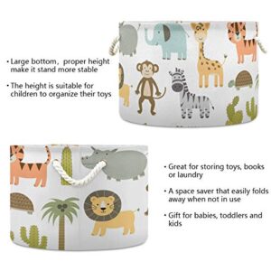 AJINGA Collapsible Round Storage Basket Fabric Toy Chest Organizer, Cute Safari Animals Giraffe Lion Hippo Crocodile Laundry Basket with Drawstrings for Kids