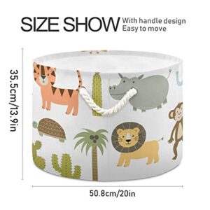 AJINGA Collapsible Round Storage Basket Fabric Toy Chest Organizer, Cute Safari Animals Giraffe Lion Hippo Crocodile Laundry Basket with Drawstrings for Kids