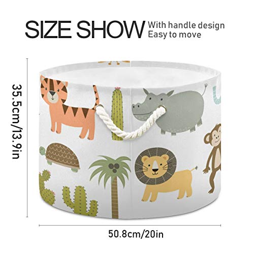 AJINGA Collapsible Round Storage Basket Fabric Toy Chest Organizer, Cute Safari Animals Giraffe Lion Hippo Crocodile Laundry Basket with Drawstrings for Kids