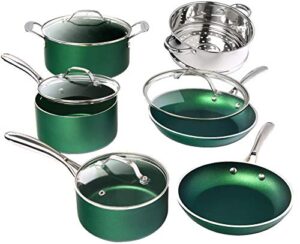 granitestone diamond granite stone classic emerald pots and pans set with ultra nonstick durable mineral & diamond tripple coated surface, stainless steel stay cool handles, 10 piece cookware, green…