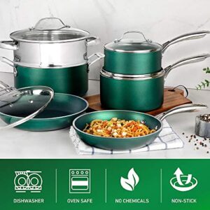 Granitestone Diamond Granite Stone Classic Emerald Pots and Pans Set with Ultra Nonstick Durable Mineral & Diamond Tripple Coated Surface, Stainless Steel Stay Cool Handles, 10 Piece Cookware, Green…