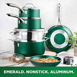 Granitestone Diamond Granite Stone Classic Emerald Pots and Pans Set with Ultra Nonstick Durable Mineral & Diamond Tripple Coated Surface, Stainless Steel Stay Cool Handles, 10 Piece Cookware, Green…