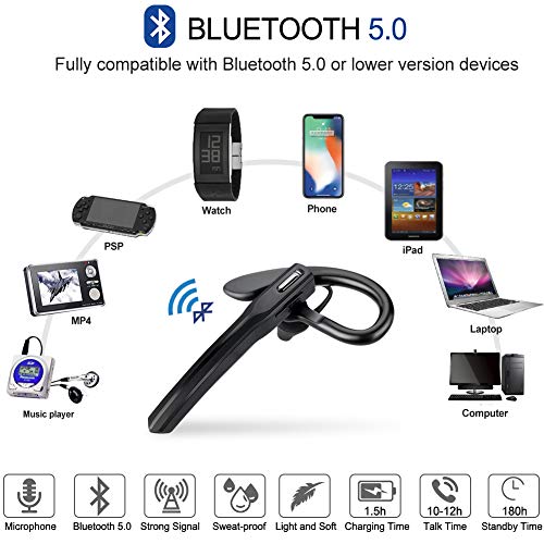 ACOME Bluetooth Headset V5.0 Wireless Earpiece 16H Playtime, Single Earhook Business Headphones Earbud with Mic Clear Call Noise Cancelling Hands-Free Bluetooth Headset with Volume Control (Black)