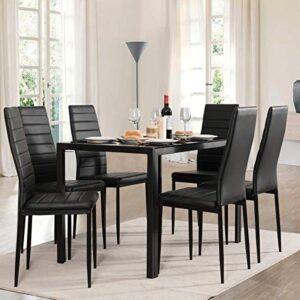 Giantex Kitchen Dining Table Set, Glass Tabletop Dining Room Set with Leather Padded 6 Chairs, Rectangular Modern Metal Frame Table for Dining Room, Kitchen, Dinette, Compact Space, Black