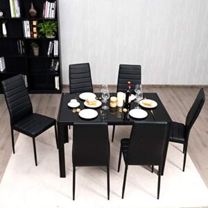 Giantex Kitchen Dining Table Set, Glass Tabletop Dining Room Set with Leather Padded 6 Chairs, Rectangular Modern Metal Frame Table for Dining Room, Kitchen, Dinette, Compact Space, Black