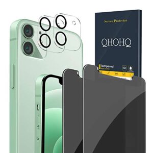 qhohq 2 pack privacy screen protector for iphone 12 6.1" with 2 packs camera lens protector,full screen tempered glass film,9h hardness anti-shatter, anti spy, touch sensitive - case friendly