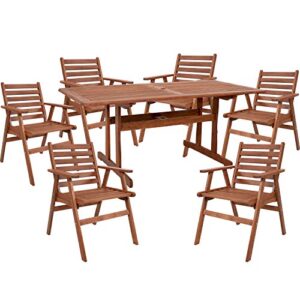 Sunnydaze 7-Piece Meranti Wood with Teak Oil Finish Long Patio Dining Table and Chairs Set - Modern Comfortable Outdoor Dining - Patio, Deck, Front Porch, Poolside or Balcony