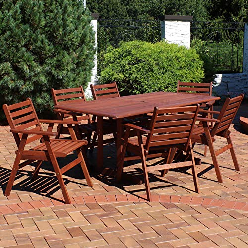 Sunnydaze 7-Piece Meranti Wood with Teak Oil Finish Long Patio Dining Table and Chairs Set - Modern Comfortable Outdoor Dining - Patio, Deck, Front Porch, Poolside or Balcony