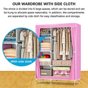 ZZBIQS Clothing Closet Wardrobe, Portable Non-Woven Fabric Garment Clothes Wardrobe Storage Organizer Shelf Rack, DIY Armoire Storage with Hanging Rod(Pink, Dots)