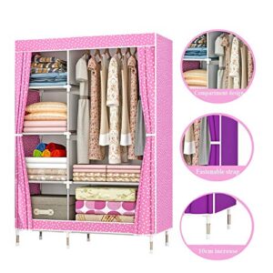 ZZBIQS Clothing Closet Wardrobe, Portable Non-Woven Fabric Garment Clothes Wardrobe Storage Organizer Shelf Rack, DIY Armoire Storage with Hanging Rod(Pink, Dots)