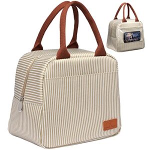 lunch bag, bageri insulated lunch box for women men soft cooler tote with clear side pocket leakproof liner(khaki white stripe)