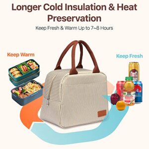 Lunch Bag, Bageri Insulated Lunch Box for Women Men Soft Cooler Tote with Clear Side Pocket Leakproof Liner(Khaki White Stripe)