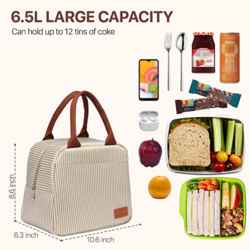 Lunch Bag, Bageri Insulated Lunch Box for Women Men Soft Cooler Tote with Clear Side Pocket Leakproof Liner(Khaki White Stripe)