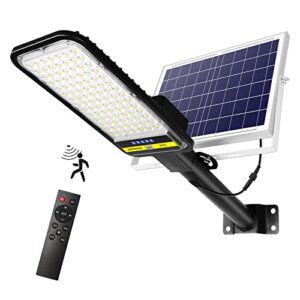 aponuo solar street lights outdoor,100w solar street light outdoor dusk to dawn lamp 98 leds 7000k motion sensor light with remote control pole security led flood light for yard, garden, patio