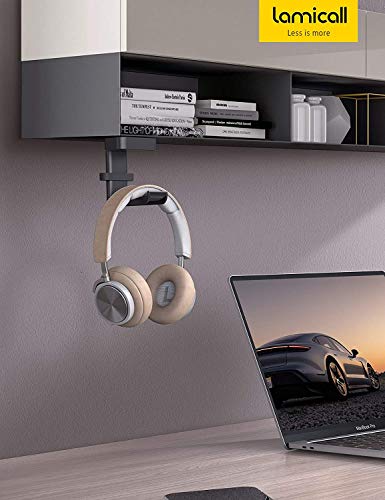 Lamicall Headphone Stand, Sticky Headset Hanger - 360 Degree Rotation Earphone Adhesive Hook Holder Mount, Table Headphone Stand with Cable Organizer, Headset Clamp for HyperX, Sony, Sennheiser -Black