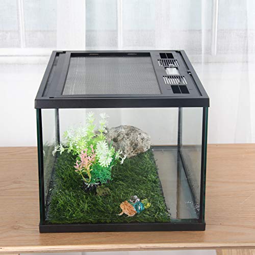crapelles Frogs Glass Terrarium Feeding kit Tank, Waterproof,for Reptile Amphibians, Insect, Horned Frogs. Waterweed/Prairie Style Habitat,with Green Artificial Turf Pad,Natural Volcanic Rock