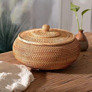 HOOK Rattan Boxes with Lid Hand-Woven Multi-Purpose Wicker Tray with Durable Rattan Fiber Round 11 Inch Diameter Bread basket