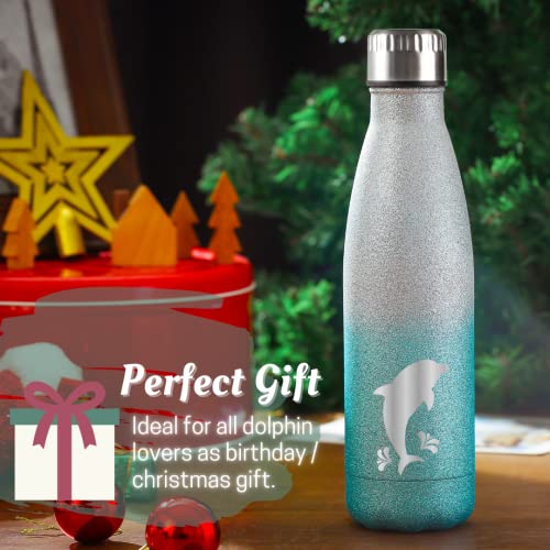 Onebttl Dolphin Gifts for Women, Dolphin Gifts For Christmas, Stainless Steel Glitter Bottle 17oz, Silver-Blue