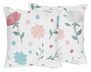 sweet jojo designs floral rose flowers decorative accent throw pillows - set of 2 - blush pink teal turquoise aqua blue grey pop flower boho shabby chic modern colorful watercolor roses leaf daisy