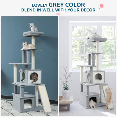 Made4Pets Modern Cat Tower for Indoor Big Cats, Wood Cat Tree with Scratch Post and Top Perch Bed, Tall Kitty Condo Litter Box for Large Cats 20 Lbs, Heavy Duty Narrow Kitten Tree