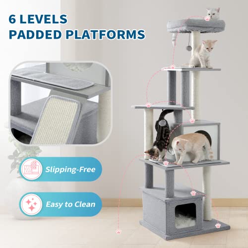 Made4Pets Modern Cat Tower for Indoor Big Cats, Wood Cat Tree with Scratch Post and Top Perch Bed, Tall Kitty Condo Litter Box for Large Cats 20 Lbs, Heavy Duty Narrow Kitten Tree