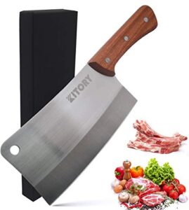 kitory meat cleaver 7'' heavy duty chopper butcher knife bone cutter chinese kitchen chef’s chopping knife for meat, bone- full tang 7cr17mov high carbon stainless steel - pear wood handle