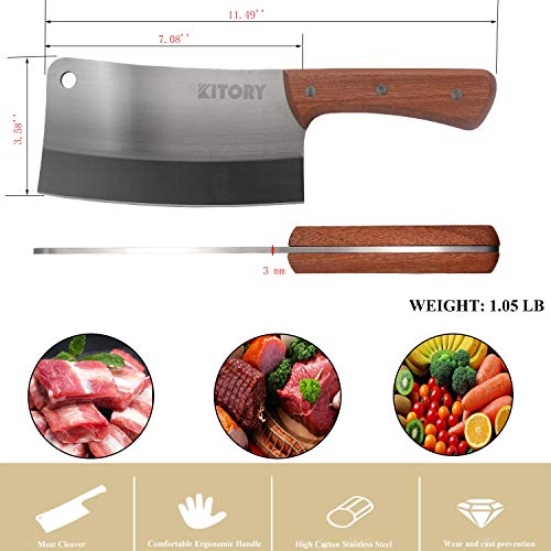 Kitory Meat Cleaver 7'' Heavy Duty Chopper Butcher Knife Bone Cutter Chinese Kitchen Chef’s Chopping Knife for Meat, Bone- Full Tang 7CR17MOV High Carbon Stainless Steel - Pear Wood Handle