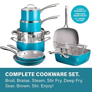 Gotham Steel Aqua Blue 20 Piece Pots & Pans Set, Nonstick Ceramic Cookware Set + Bakeware Set - Frying Pans, Stock Pots, Deep Fry Pan, Cookie Sheet & Baking Pans, Stay Cool Handles, 100% PFOA Free