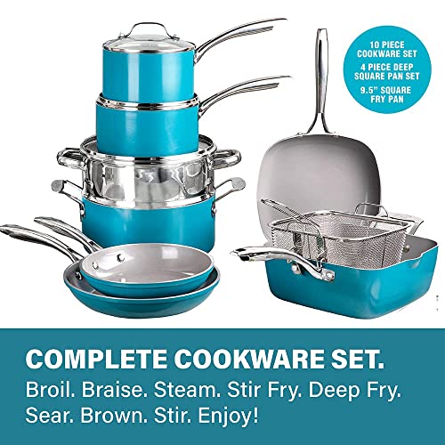 Gotham Steel Aqua Blue 20 Piece Pots & Pans Set, Nonstick Ceramic Cookware Set + Bakeware Set - Frying Pans, Stock Pots, Deep Fry Pan, Cookie Sheet & Baking Pans, Stay Cool Handles, 100% PFOA Free