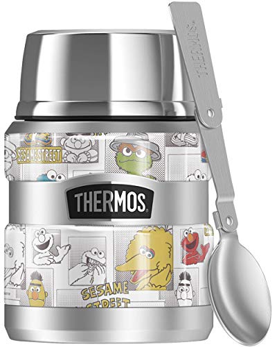 Sesame Street Character Comic Panels THERMOS STAINLESS KING Stainless Steel Food Jar with Folding Spoon, Vacuum insulated & Double Wall, 16oz