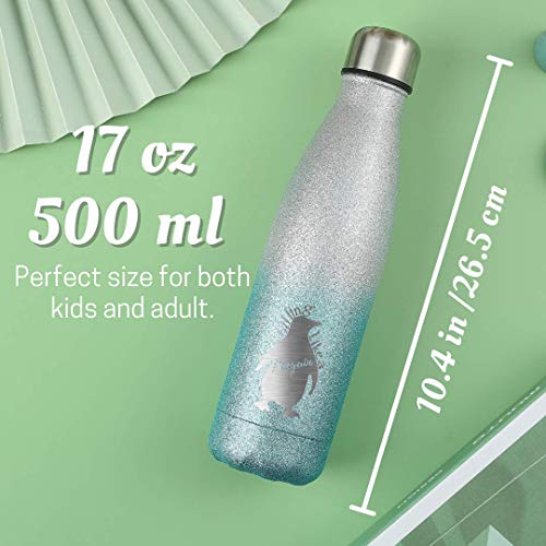 Onebttl Penguin Gifts for Girls Women Boys Penguin Lovers - Chilling Like A Penguin - 17oz Stainless Steel Water Bottle - for Daughters Sons Friends - B-day X-mas - Silver Blue Gradient Glitter