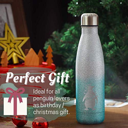 Onebttl Penguin Gifts for Girls Women Boys Penguin Lovers - Chilling Like A Penguin - 17oz Stainless Steel Water Bottle - for Daughters Sons Friends - B-day X-mas - Silver Blue Gradient Glitter
