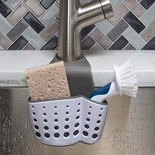 Kitchen Details 2-in-1 Sponge & Brush Holder | Space Saving | Adjustable Over The Sink | Kitchen Organization | Self-Draining | Dish Sponge | Grey and White