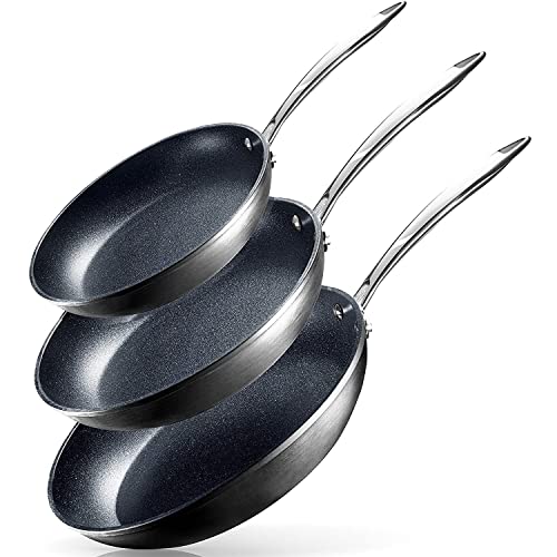 Granitestone Pro Hard Anodized Set | Skillet 8”, 10” & 12” Cookware, 100% PFOA Free, Oven, Dishwasher & Metal Utensil Safe, Ultra Nonstick Frying Pans, 3 Piece, Black (Stainless Handles)