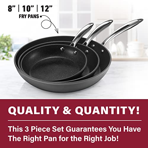 Granitestone Pro Hard Anodized Set | Skillet 8”, 10” & 12” Cookware, 100% PFOA Free, Oven, Dishwasher & Metal Utensil Safe, Ultra Nonstick Frying Pans, 3 Piece, Black (Stainless Handles)